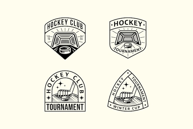 Vector set of hockey outline badge logos with hockey puck and stick and wicket element design