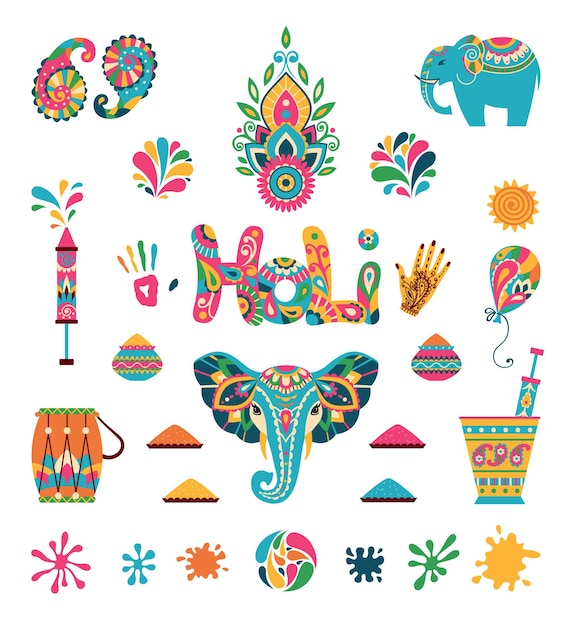 Set di icone piatte holi in stile indiano illustrazione vettoriale