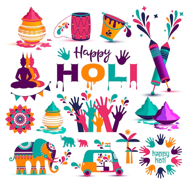 Set of Holi flat icons in indian style