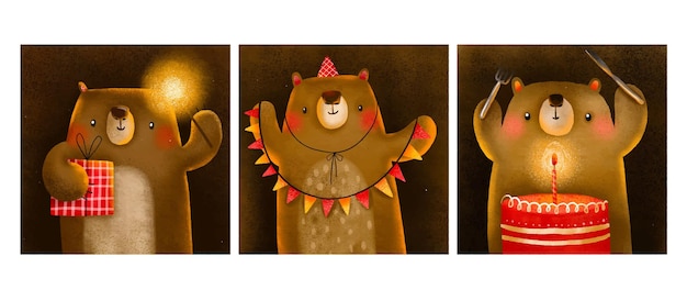 Set of holiday birthday cards Postcards with cute cartoon bear