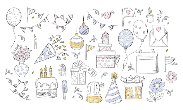 Vector set holiday birthday and christmas valentine doodles drawn party decoration gift bouquet balloons