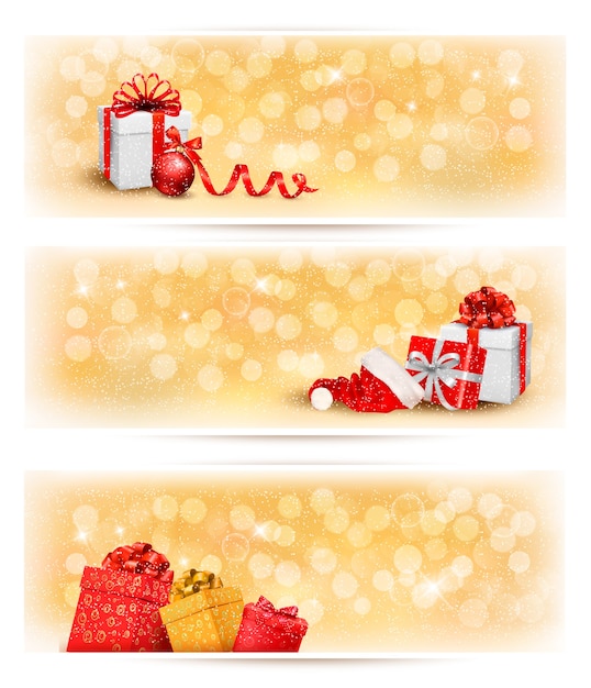 Vector set of holiday christmas banners with gift boxes and ribbon