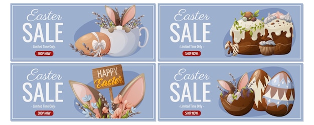 Set of Holiday Sale Flyers for Happy Easter. Festive attributes, bunny in a cup, cakes and cupcakes