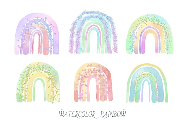 Set of holographic glitter watercolor rainbow