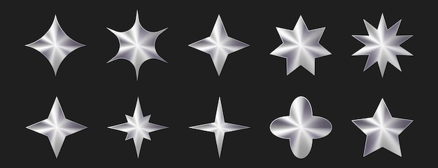 Vector set of holographic silver stars geometric shapes modern abstract chrome forms trendy design