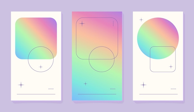 Set of Holographic templates with gradient geometric shapes for social media posts cover or stories