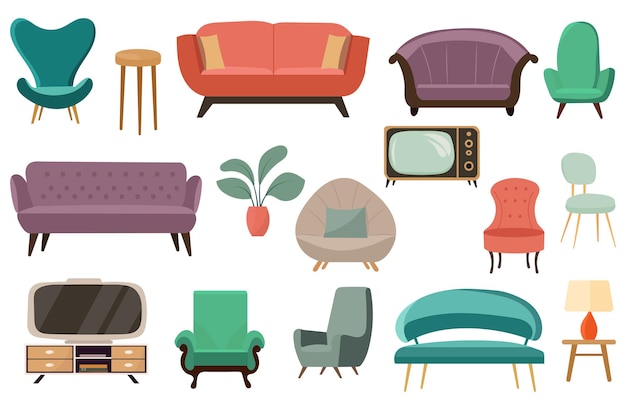 set of home furniture in doodle style vector