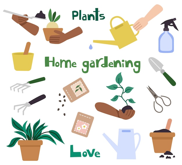 Set of home gardening elements design in flat style Plants in pots seeds watering can garden too