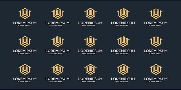 Set di logo per la casa combinato con il modello di design della lettera w