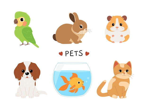 Set of home pets parrot rabbit hamster dog fish and cat Cute domestic animals Vector