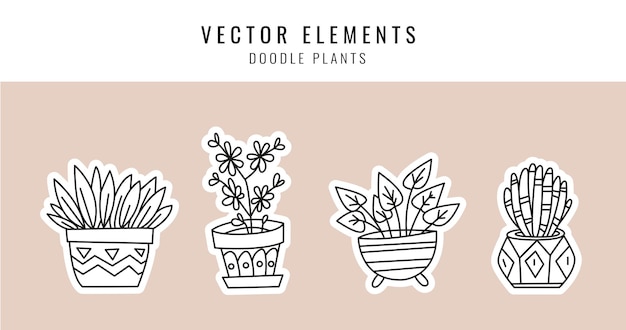 A set of home plants in pots. four different plants in line style.