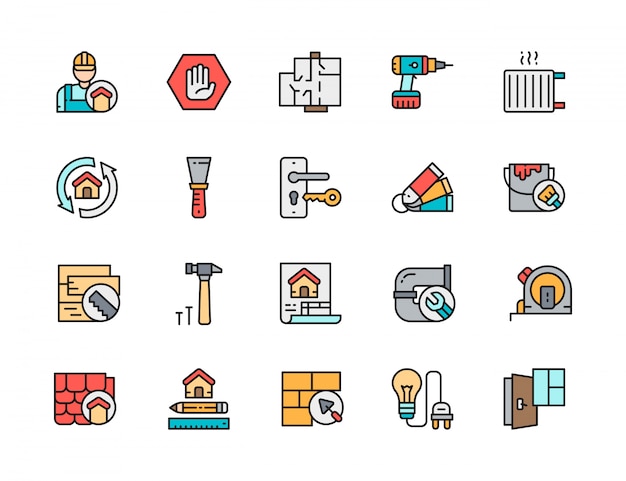 Set of Home Renovation Flat Color Line Icons. Repairman, Radiator, Putty Knife 