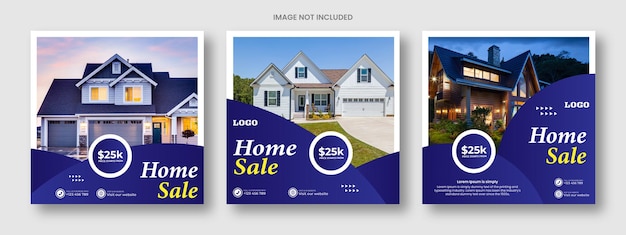 Set of Home sale square social media banner template. Blue color social media sale post.