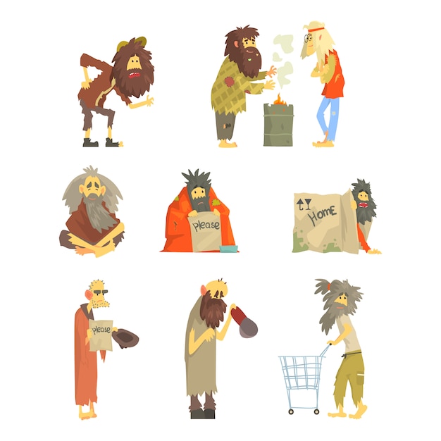 Set of homeless people, characters in dirty torn clothes.