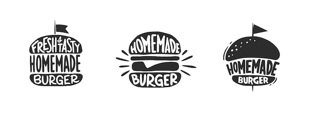 Vector set of homemade burger retro logo, emblem. lettering typography poster
