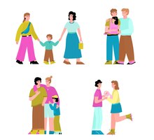 Set of homosexual and lesbian family couples flat vector illustration isolated