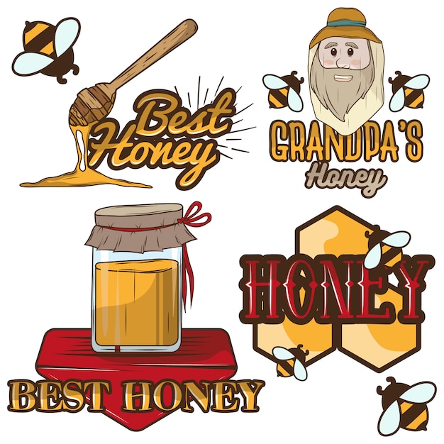 set of honey labels and beekeeping logo