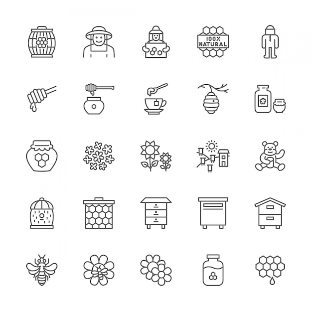 Vector set of honey line icons. beekeeper, protective suit, apiary, beehive and more.