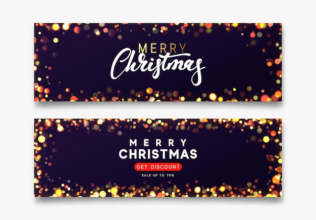 Vettore set di sfondi orizzontali con effetto bokeh sfocato. banner natalizio, poster, intestazione per il sito web. sfondo natalizio viola scuro. buon natale e felice anno nuovo testo scritto a mano calligrafia.