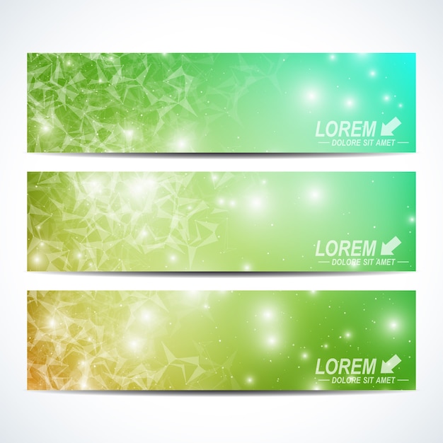 Set of  horizontal banners.  Background science, connection, chemistry, biology, medicine, technology. Modern design