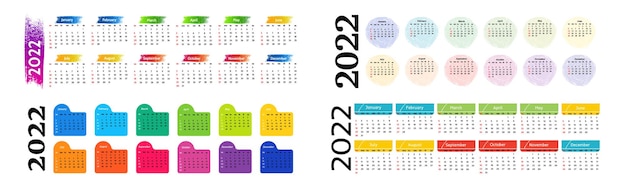 Set of horizontal calendars for 2022 isolated on a white background. Sunday to Monday, business template. Vector illustration