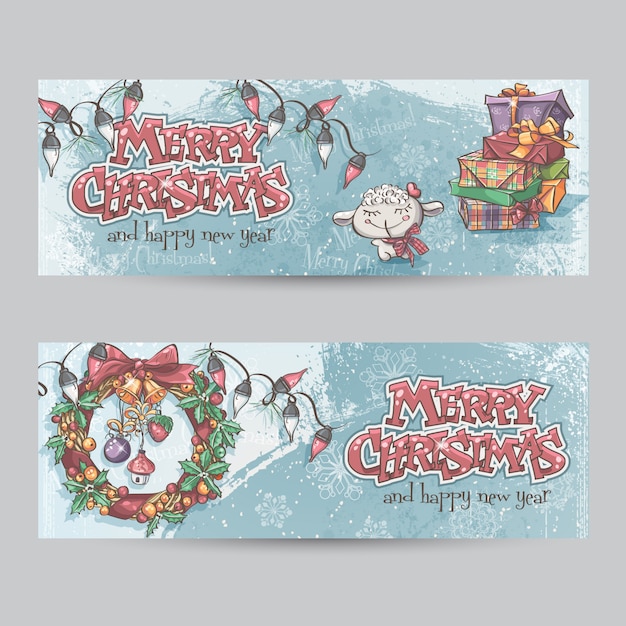 Set of horizontal Christmas banners with the image of a lamb, gi