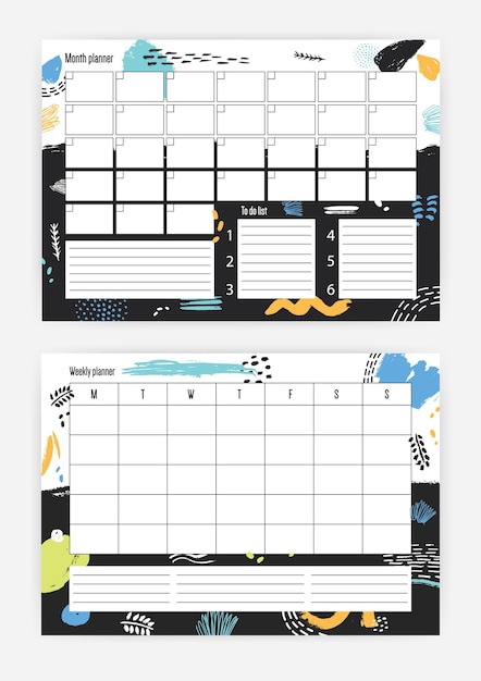 Vector set of horizontal month and weekly planner templates with bright colored abstract decorative elements