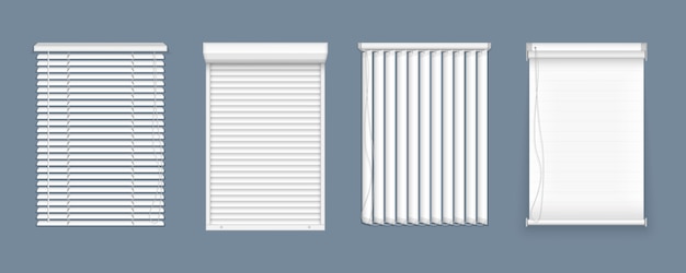 Set of horizontal and vertical blinds for window, element interior. realistic closed window shutters, front view. horizontal, vertical closed and open blinds for office rooms.