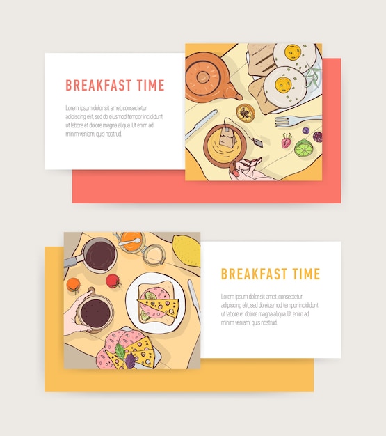 Vector set of horizontal web banner templates with tasty breakfast meals lying on plates - fried eggs, toasts, sandwiches
