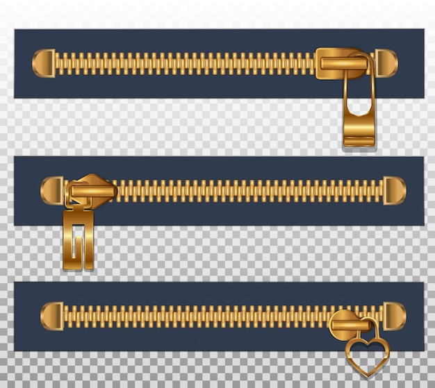 Vector set of horizontal zippers gold fasteners