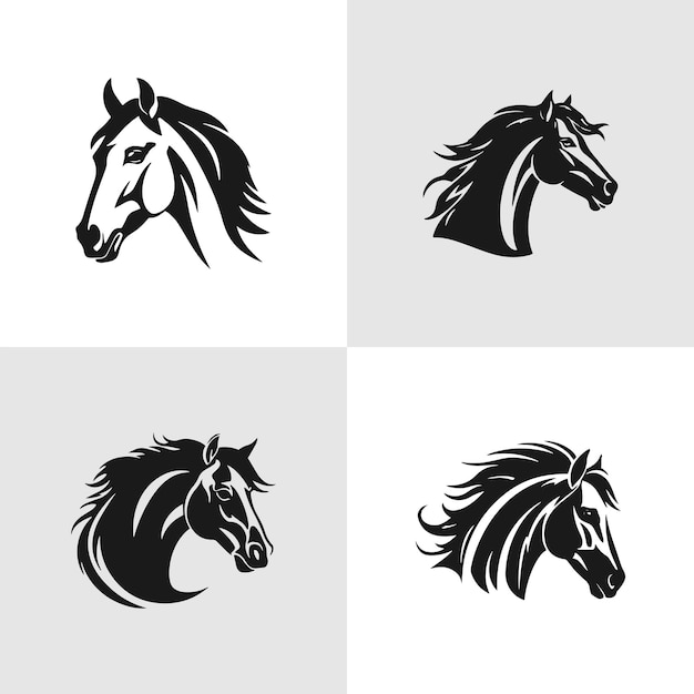 Set of horse head graphic logo templates vector illustration on white background Set of black and white stylish horse heads for stable farm logo design