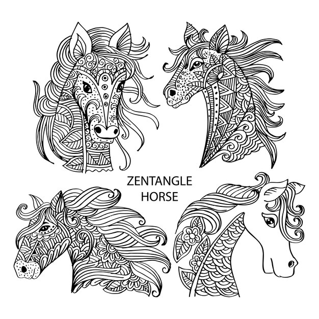 Set of  horse zentangle head