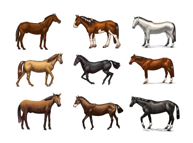 Vector 白い背景の手描きの動物の木刻の概要スケッチに異なるポーズの馬のセット