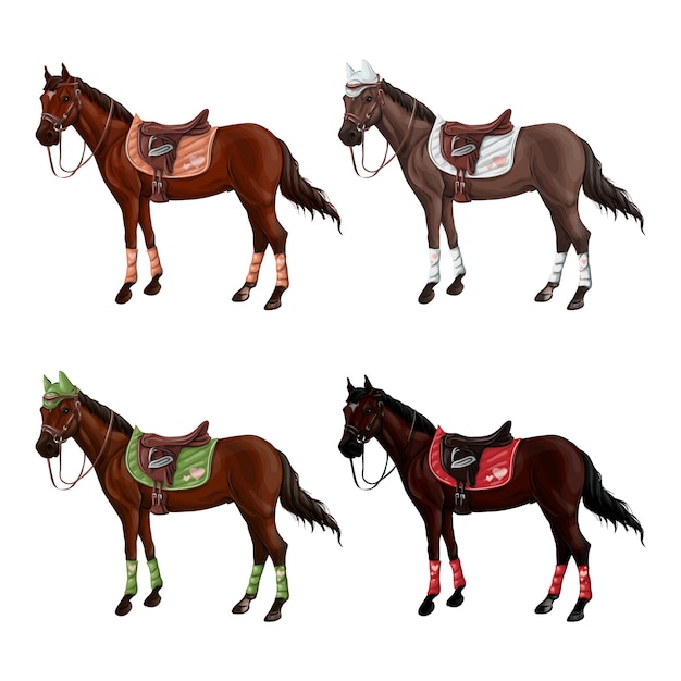 Vector set of horses of different suits in different ammunition