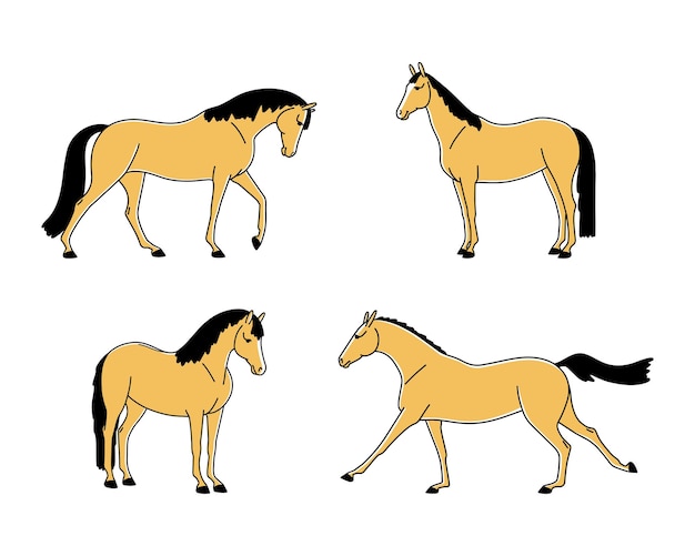 Vector set of horses standing and moving vector flat illustration