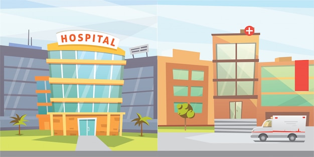 Vector set hospital building cartoon modern  illustration. medical clinic building and city background. emergency room exterior