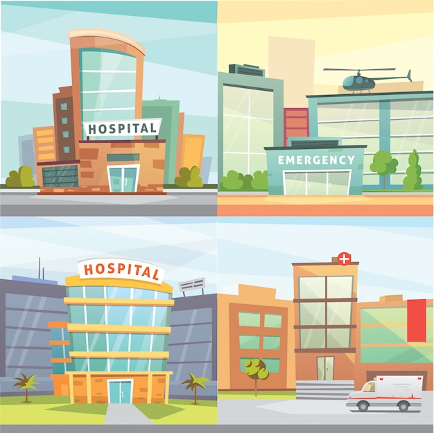 Set Hospital building cartoon modern illustration.