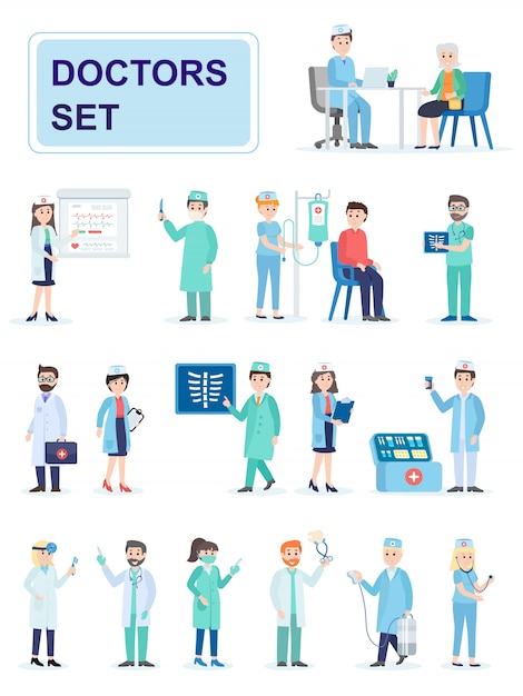 Vector set of hospital medical staff standing together.