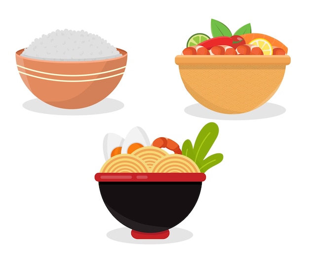 Set of hot asian dishes on white isolated background