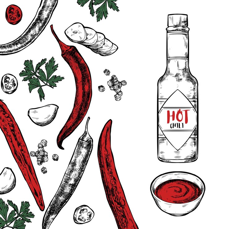 Vector set of hot peppers in vintage line style spicy sauce for chicken illustration for a booklet or menu