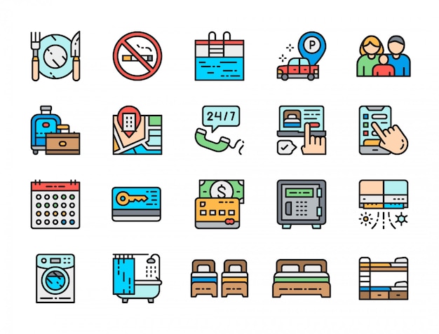 Set of hotel service color line icons. cutlery, bathtub, credit card and more.