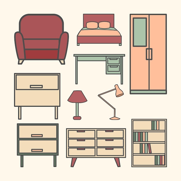 家具のセット シンプルなフラットラインのイラスト