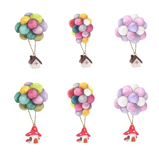 Set of House hanging with colorful balloon. Watercolor illustrations. Business concept.