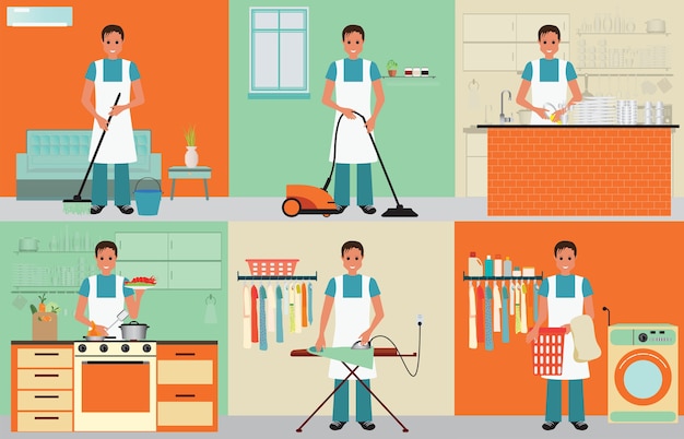 Vector set of house husband doing homework