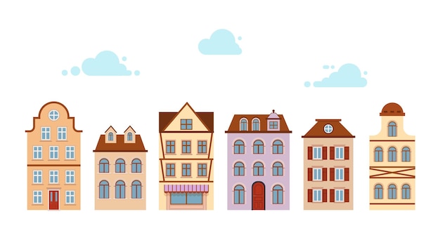 Установите значок дома старая улица европейского города городской пейзаж ретро домашний мультфильм