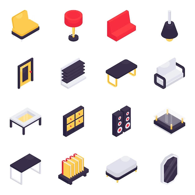 Vector set of household accessories isometric icons