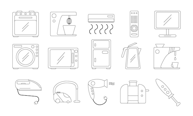 Vector set of household appliances icons vector black outline icon home appliances theme