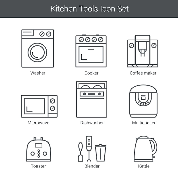 Vettore set di icone vettoriali di elettrodomestici: fornello, lavatrice, frullatore, tostapane, microonde, bollitore