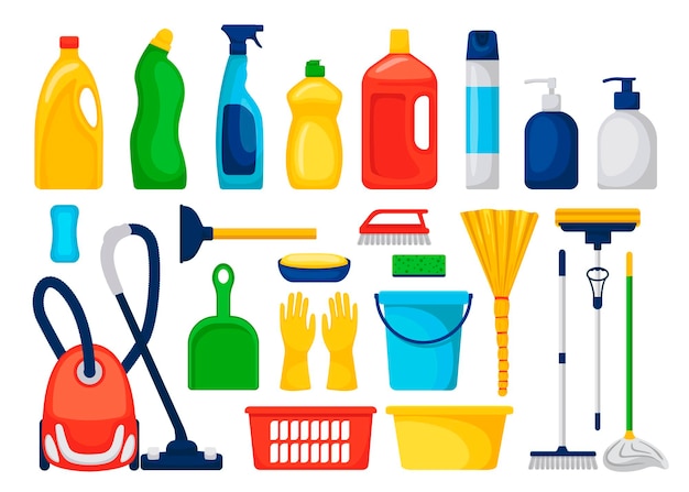 Vector set of household supplies and cleaning products