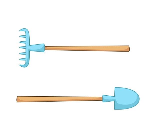A set of houseplant care tools, a rake and a shovel with wooden handles. Vector illustration in cartoon childish style. Isolated funny clipart on white background. cute print.